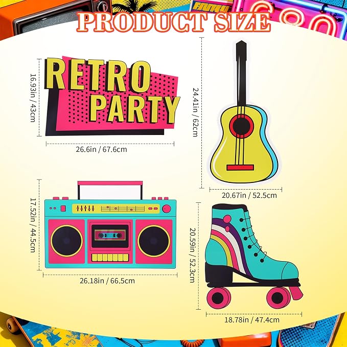 Honoson 4 Pcs 24.4" x 26.6" Large Back to 80s 90s Party Decoration Cardboard Cutouts, Retro Radio Boombox Backdrop Yard Signs for Hip Hop Music Birthday Party Supplies Vintage Photo Booth Props
