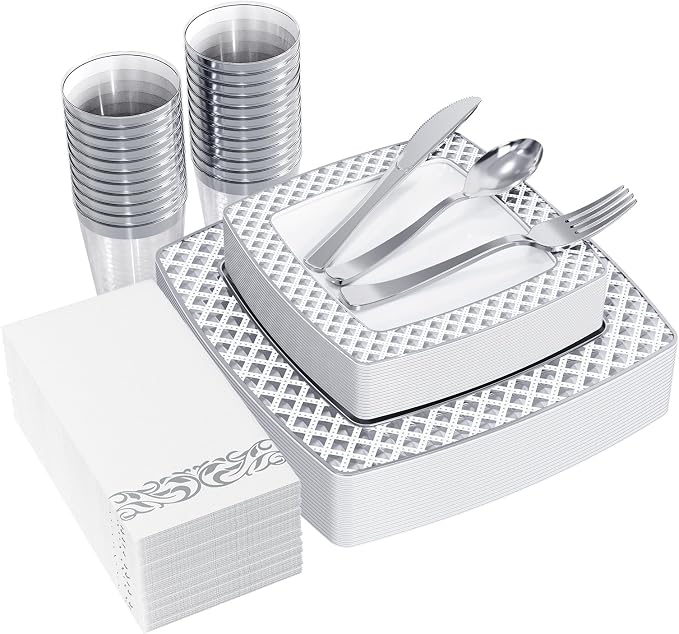 FOCUSLINE 175 Count Silver Dinnerware Set for 25 Guests, Disposable Square Plastic Plates with Diamond Rim, Includes 25 Dinner & Dessert Plates, Napkins, Cups, Cutlery Set for Wedding Parties