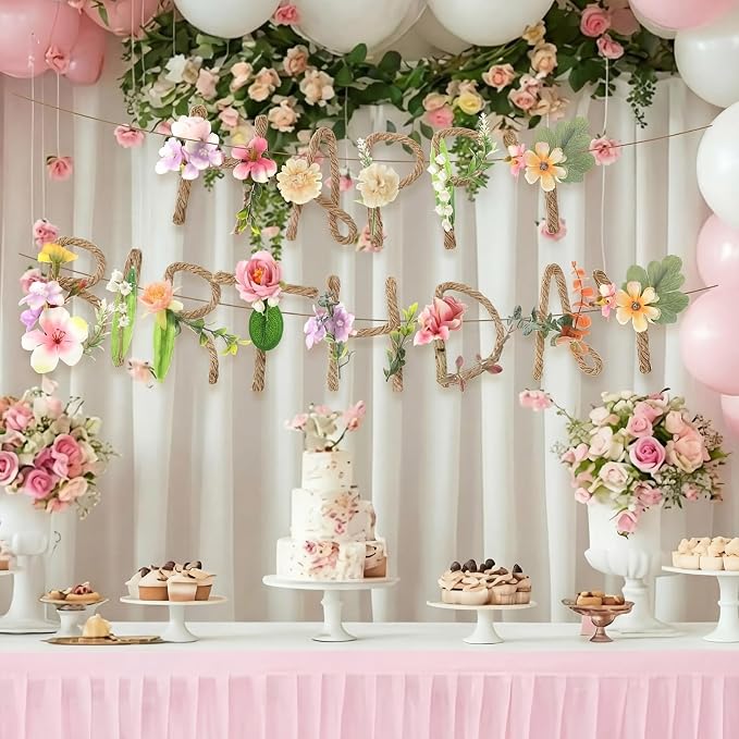 Norme 2 Pcs Wildflower Birthday Party Decorations Banner 13.2ft Metal 3D Flower Cottage Core Happy Birthday Garland Floral Handmade Garden Spring Tea Fairy Party Decorations for Women Girls