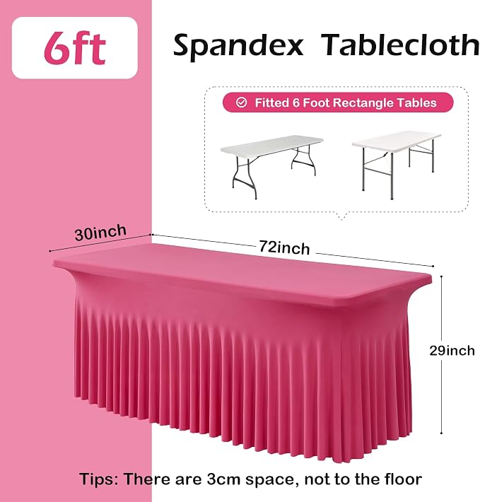NSSONBEN 2 pk Hot Pink Spandex Tablecloth for 6 Foot Rectangle Tables, Wrinkle Free Fitted Spandex Table Covers 6ft Stretch Table Cloths with Ruffle Skirt for Parties Weddings Banquet Baby Shower
