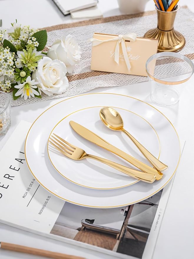 WDF 150Pcs White and Gold Plastic Plates - Gold Plates Disposable - 50 Guest Disposable Dinnerware Include 50 Dinner Plate, 50 Dessert Plate, 50 Cutlery & 50 9oz Cups for Wedding/Spring/Mothers Day