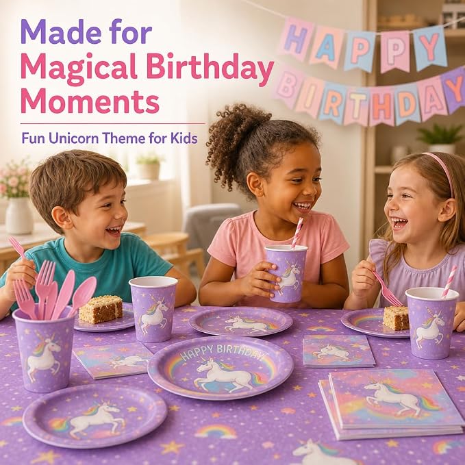 Unicorn Birthday Party Supplies, 146 PCS Rainbow Party Decorations Tableware Kit Serves 24 Guests with Plates, Cups, Napkins, Banner, Cutlery, Tablecloth & Straws for Kids Girls Boys