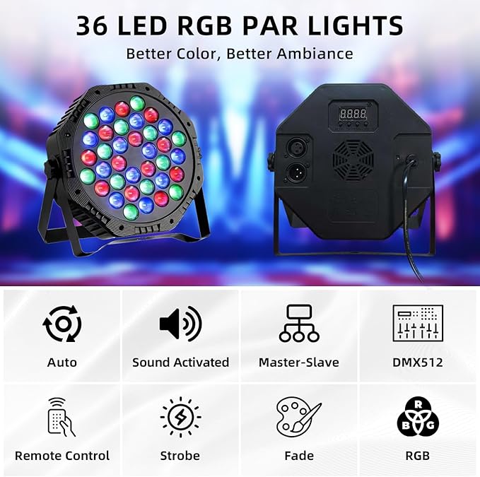 3-Pack DJ Stage Light for Parties LED Par Lights | 36LED, RGB, 9-Mode, Sound Activated, DMX Control, Uplighting for Wedding Club Christmas Disco Party Light