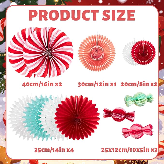 PAPER JAZZ 12pcs Candy Paper Fans Christmas Decoration,Candy Honeycomb Christmas Decorations,White and Red Xmas Decoration Wall/Ceiling for Classroom,Bulletin Board,Winterwonderland,Office Decor.