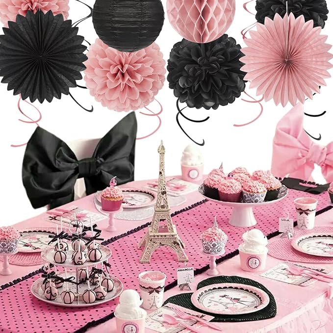 Blush-Pink Black Happy-Birthday Banner Party-Decorations - 31pcs 14th 40th Rose Gold Women Girls Paper Lanterns Streamers,Tissue Paper Flowers Pom Poms Fans Tassel Garland Sign Decor Backdrop Hugmoon