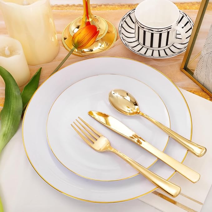 Festiva 175PCS White and Gold Plastic Plates - White with Gold Rim Fall Dinnerware Set - 25Guest include Plates Cups Cutlery Napkins for Birthday Party&Wedding& Easter