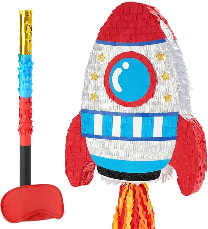WERNNSAI Rocket Piñata - Rocket Ship Piñata Bundle with Blindfold and Bat Space Birthday Party Decoration for Boys Kids Family Games Space Ship Theme Party Supplies