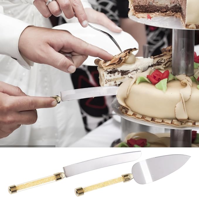 4 Piece Champagne Flutes and Cake Knife Server Set, Bride & Groom Toasting Flutes with Cake Cutting Set, Diamond Champagne Glasses Set for Wedding Reception or Anniversary Party, House Warming, Gold