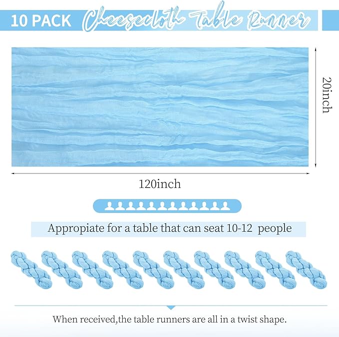 10 Pack Light Blue Table Runner 10Ft Cheesecloth Table Runner Boho Gauze Cheese Cloth Table Runners Romantic Long Sheer Fabric Table Runners for Wedding Party Bridal Shower