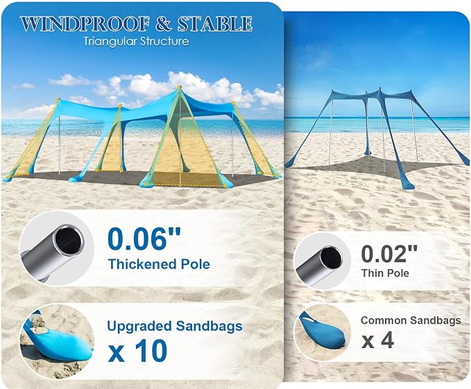 13x10FT Beach Tent Sun Shelter – UPF50+ Outdoor Canopy with 10 Sandbags, Sand Shovel, Ground Pegs & Stability Poles – Portable Shade for Camping, Fishing, Picnics & Beach Trips