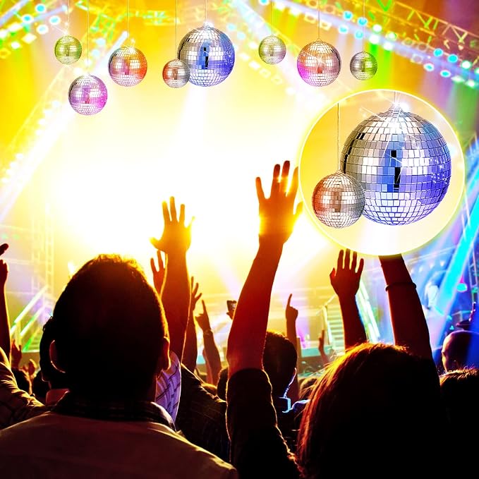 WILLBOND 12 Pack Disco Ball Party Decorations Hanging Mirror Balls Fun Retro Dj Lighting Effect Stage Props Game Accessories, 5.91", 3.94", 3.15", 2.36"(Silver)