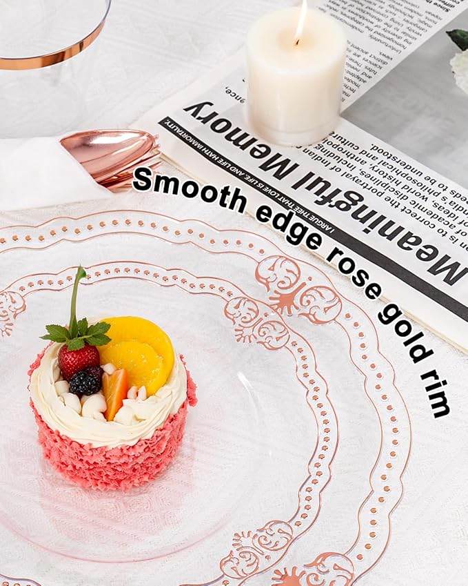 Ciaell 350 PCS Rose Gold Plastic Plates - Rose Gold Disposable Plates Dinnerware Include 50 Disposable Plate, 50 Heavy Duty Silverware, 50 Cups, 50 Napkins for Wedding & Anniversary & Mother's Day