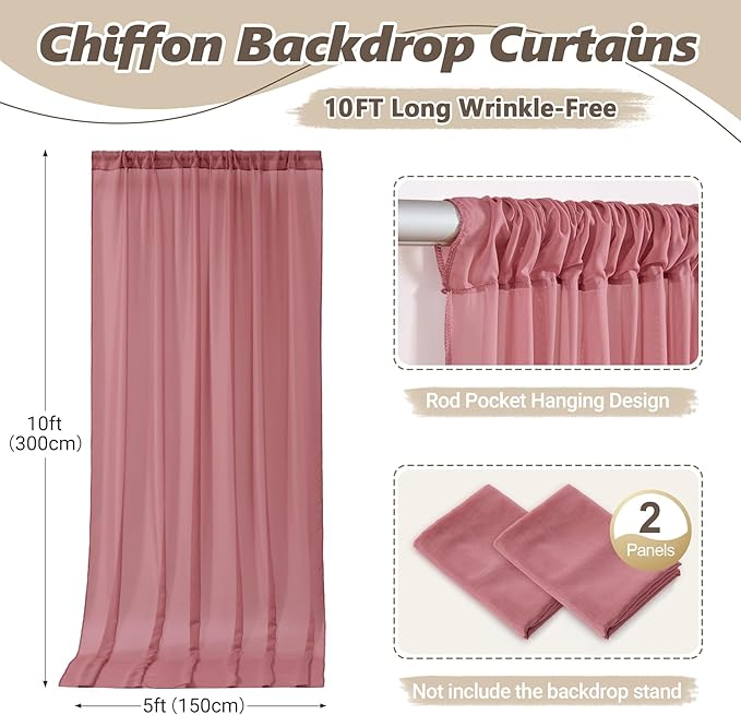 10ft x 10ft Dusty Rose Backdrop Curtains, Wrinkle-Free Sheer Chiffon Fabric Photo Backdrop Drapes for Wedding Arch Party Ceremony Stage Photography Birthday Decorations