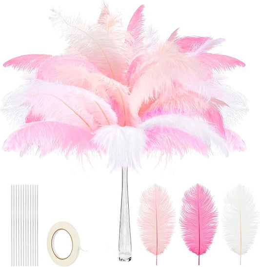 Juexica 80 Set Natural Ostrich Feathers Bulk with Iron Wire for Centerpieces Boho Large 10 to 12 Inch Feathers for Vase Wedding Party Floral Arrangement Home Decorations (Pink, Light Pink, White)
