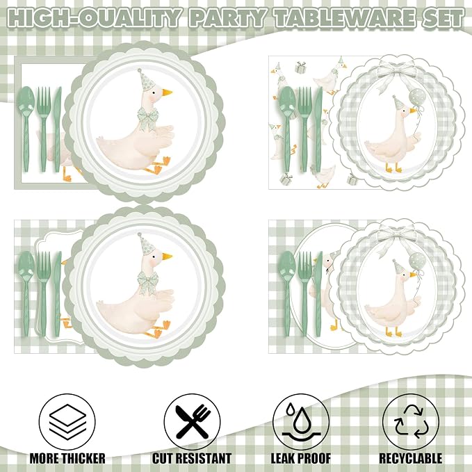 Zhehao 350 Pcs One Silly Goose Birthday Party Tableware Set Sage Green Bow Scalloped Baby Shower Plates Cup Napkins Forks for Birthday Party Decorations Supplies for 50 Guests