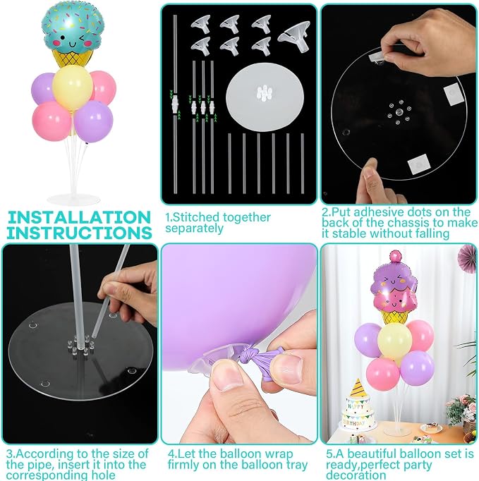 Ice Cream Party Balloons Stand Kit 2 Sets with 2 Macaron Ice Cream Foil Balloons Pastel Sweet One Birthday Balloon Centerpiece for Tables for Girl Birthday Valentine's Day Baby Shower Party Decoration