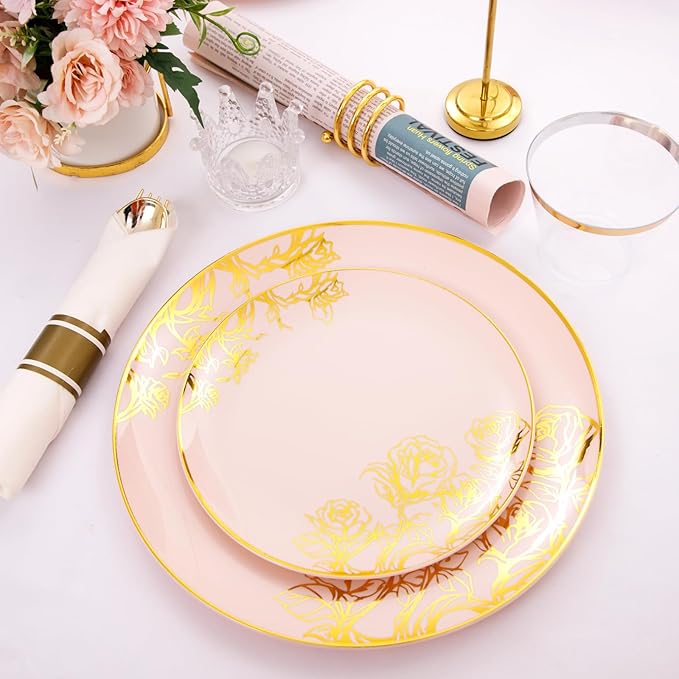 DaYammi 210Pcs Pink Gold Plastic Plates Floral Plates,Pink Disposable Dinnerware Set Includes 60 pink Plate,30 gold Plastic Silverware,30 Per Rolled Napkins,30 Cups,Party plates for Mother's Day Party