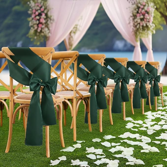 10 Pcs Blackish Green Satin Chair Sashes Bows Universal Chair Cover for Wedding Reception Events Banquets Party, Hotel Event Decorations, 6 x 108 inch