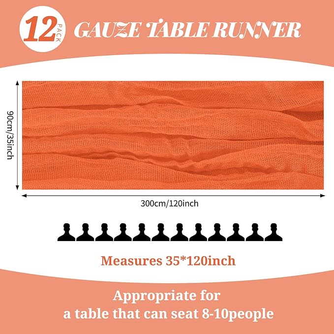 12 Pack 10Ft Orange Cheesecloth Table Runner 35 x 120 inch Boho Gauze Cheese Cloth Table Runner Vintage Rustic Sheer Runners for Wedding Bridal Shower Birthday Party Cake Table Decorations