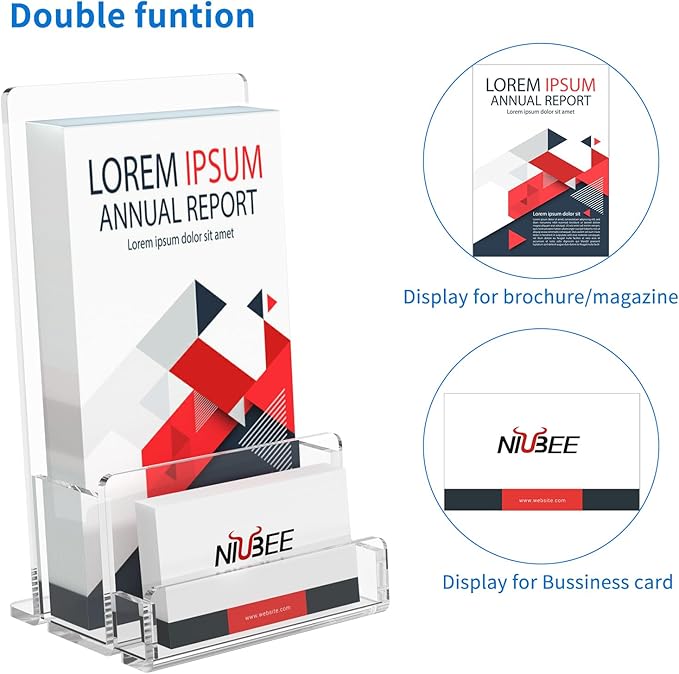 NIUBEE 2-Pack Acrylic Brochure Holder 4‘’ , Clear Brochure Display Stand with Acrylic Business Card Holder, Plastic Flyer Display Stand for Magazine, Pamphlet, Booklets, Menu, Journals, Business Card