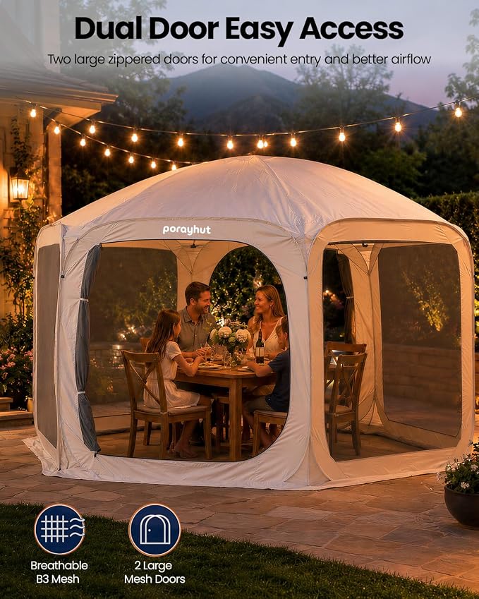 Porayhut Pop up Screen House Tent 12x12FT Sun Shelter with Breathable Mesh Doors,Portable Camping Tent Without Waterproof Floor,Screen Canopy Outdoor for Family Friends Party in Backyard,Park