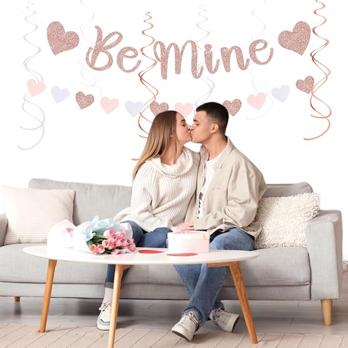 Blush-Light Pink Valentines-Day Galentines Party-Decorations - 22pcs Rose Gold Be Mine Love Banner,White Paper Lanterns Honeycomb Balls,Tissue Pom Poms Flowers Fans,Happy Anniversary Decor Hugmoon