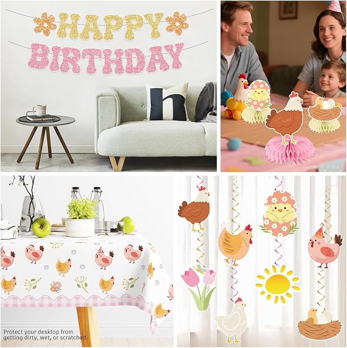 Xynic 213pcs Chicken Birthday Decorations, Convenient Disposable Tableware Set Includes Waterproof Tablecloths 350gsm Plates Centerpieces and Banner, Chicken Party Decorations Serve 25