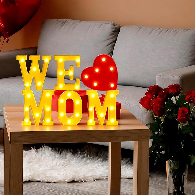 Honoson 6 Pcs Mothers Day Decorations We Love Mom Heart LED Lights up Sign Table Decoration for Mom Birthday Gifts Mothers Day Party Decoration