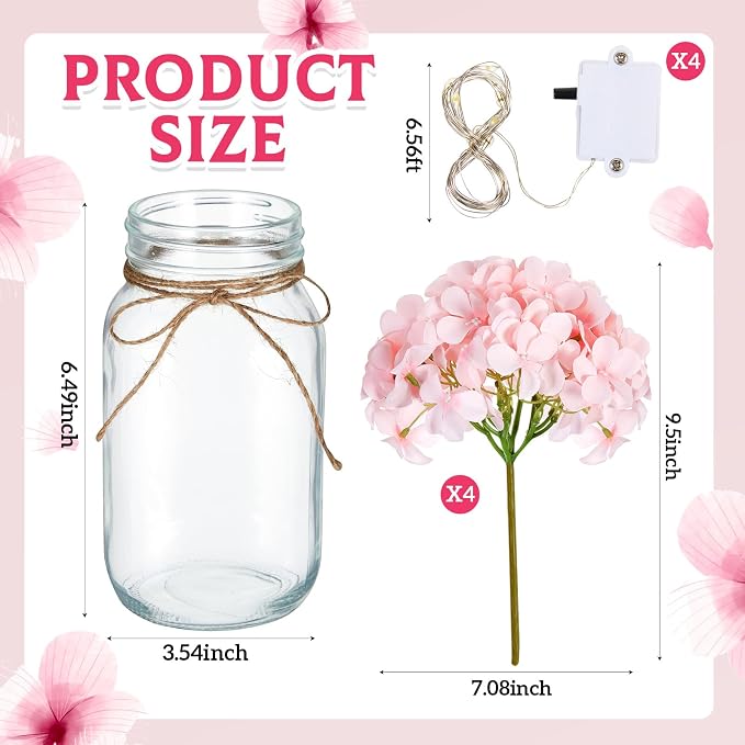 4 Sets Mason Jar Centerpiece with LED Lights and Pink Hydrangea Fake Flowers Vase for Wedding Bridal Shower Party Coffee Table Decor