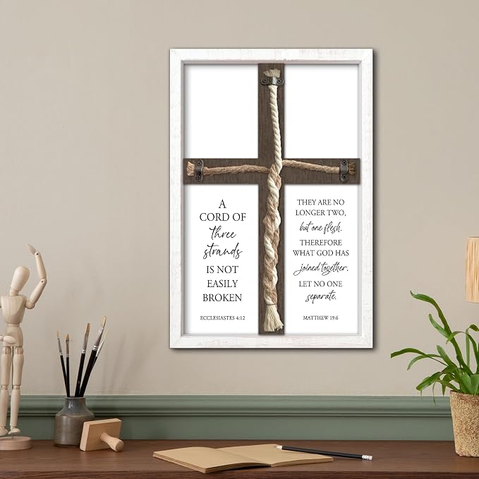 A Cord of Three Strands Wedding Unity Cross Sign Braided Rope Ceremony Art | 15x10 Inch Rustic Farmhouse White Wood Framed, Christian Marriage Prayer Wall Decor for Couples, Anniversaries & Prayer Rooms