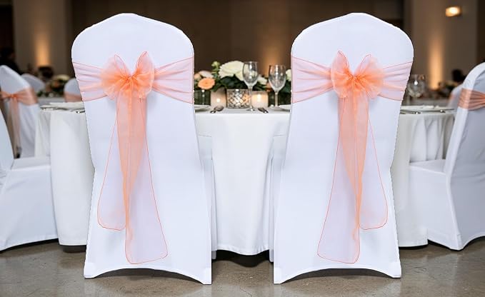 MDS® Pack of 300 Organza Chair Sashes for Wedding Decoration, Reusable Sheer Chair Bows for Banquet Chair Cover, Reception, Bridal Shower, Baby Shower, Birthday Party & Special Events - Peach