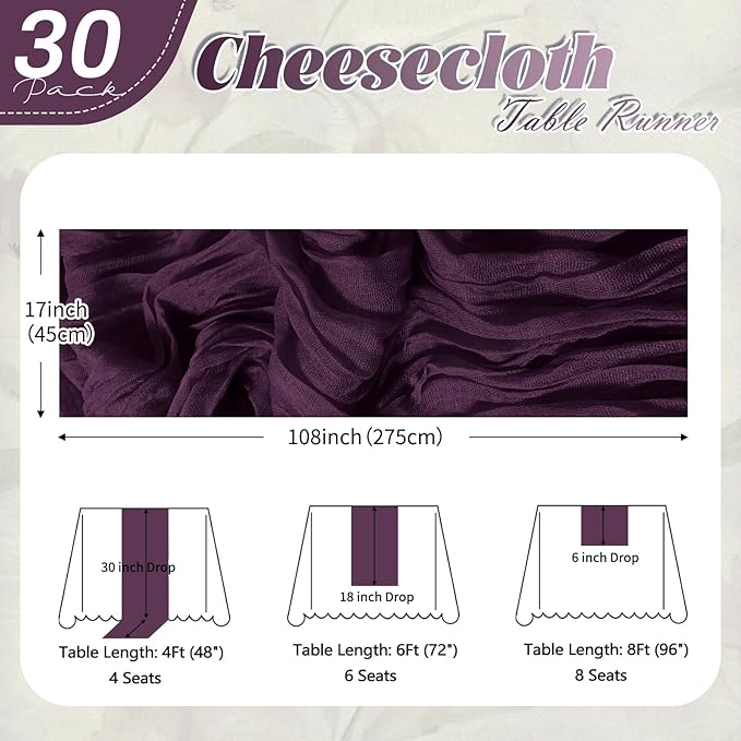 30 Pack Dark Purple Cheesecloth Table Runner 17 x 108 inch Cheese Cloth Table Runners 9ft Terracotta Table Runner Rustic Romantic Sheer Gauze Runner for Wedding Party Baby Shower Table Decoration