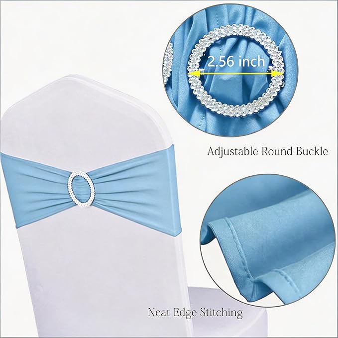 Pack of 50 Stretch Baby Blue Chair Sashes for Wedding, Elastic Chair Bands with Buckle Slider, Spandex Chairs Bows for Party, Without White Chairs Covers (Baby Blue)