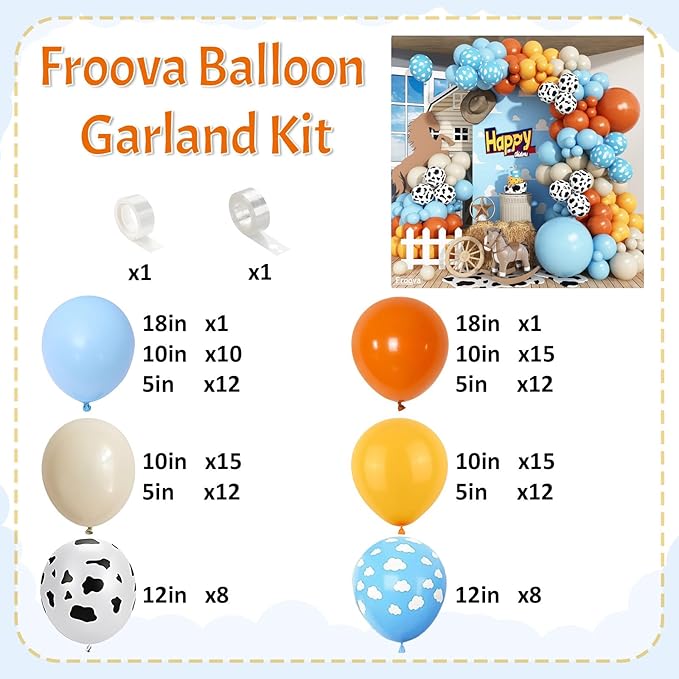 Western Balloon Arch Kit, 123pcs Retro Burnt Orange Pastel Blue Mustard Yellow Balloon Garland with Cow Print Cloud Print Balloons for Boy Story Baby Shower First Rodeo Farm Adventure Decorations