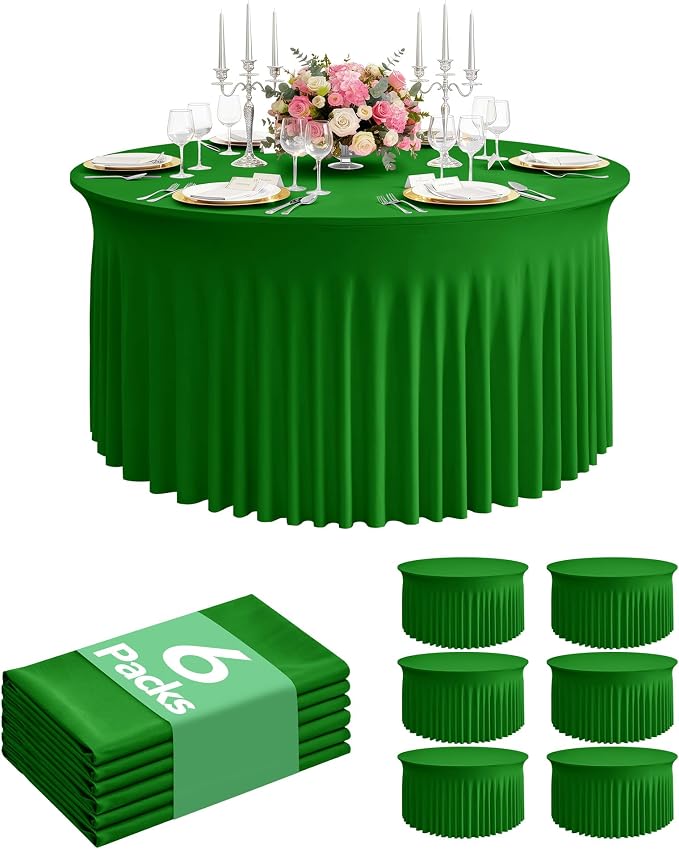6 Pack Spandex Table Cover Skirts for 60 inch Round Tables, Green Stretch Table Cloths with Floor-Length Ruffle, Elastic Fitted Skirted Tablecloth for Elegant Wedding Banquet Party Buffet Decoration