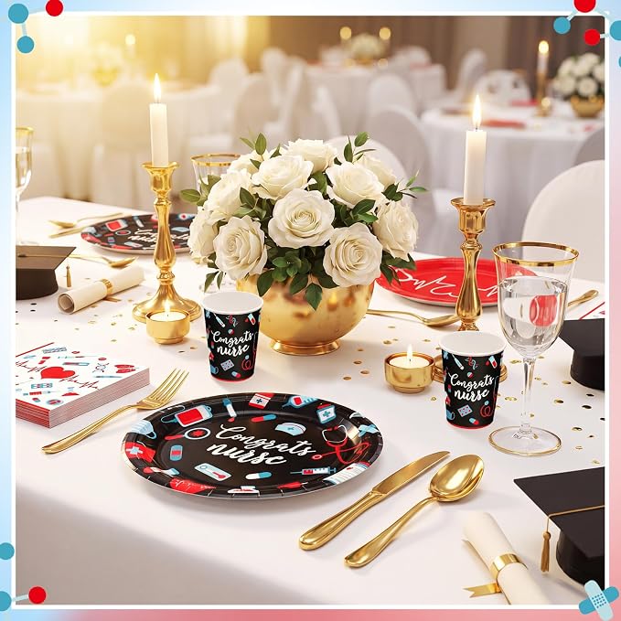 Vesici 150 Pcs Nurse Graduation Party Supplies Congrats Nurse Tableware Set Oval Paper Plate Cup and Napkin 10" x 12" Large Heavy Duty Disposable Plate for Rn School Graduation Celebration, Serves 50
