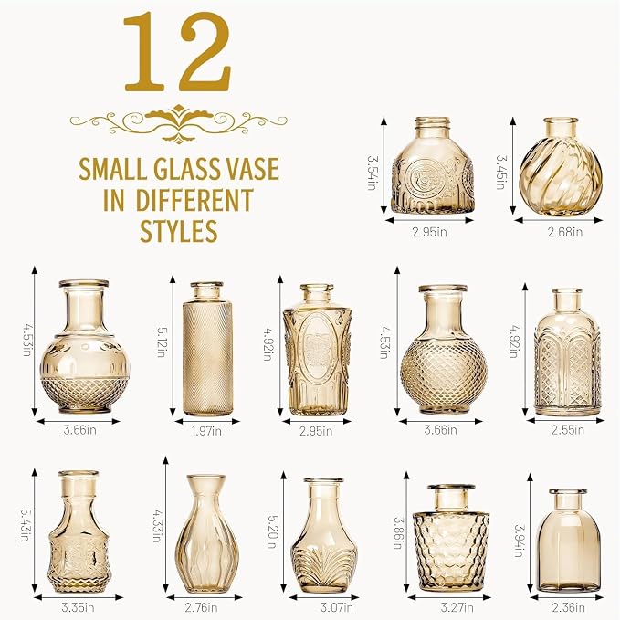 Mini Bud Vases As Wedding Centerpieces for Tables,Clear Bud Vases for Flowers,Small Flower Vases Suitable for Birthday Party,Anniversary,Wedding Reception,Baby Shower (Gold, 12PCS)