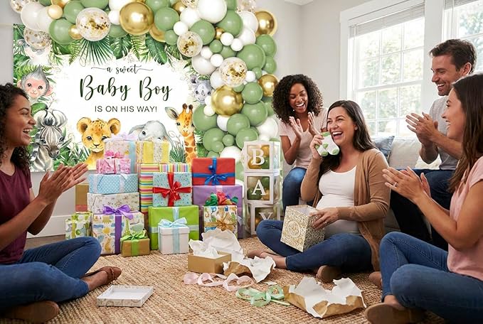 140PCS Safari Jungle Baby Shower Decorations, Safari Baby Shower Supplies, Sage Green Balloon Garland Kit, BABY Boxes, Backdrop Banner
