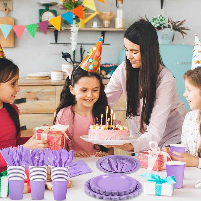350 Pcs Lavender Paper Plates and Napkins, Light Purple Party Decorations Include Light Purple Scalloped Plate Napkins Cups Plastic Spoon Fork Knive for Girls Birthday, Baby Shower, Wedding