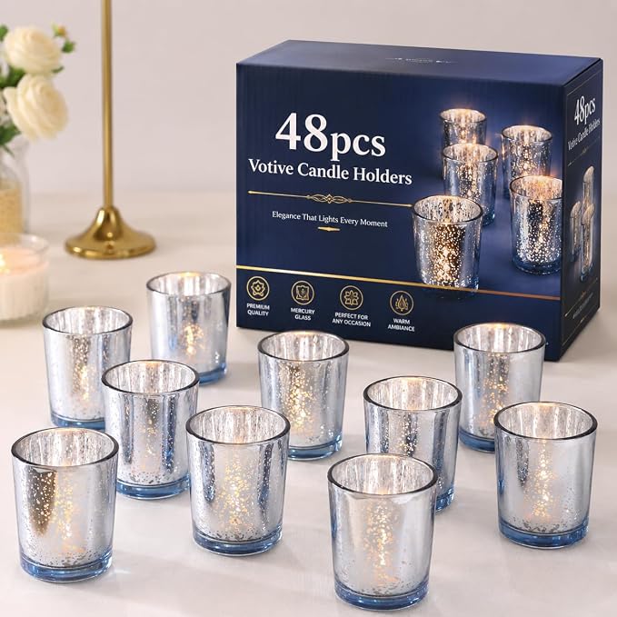 LETINE 48pcs Blue Votive Candle Holders – Glass Tea Light Candles Holder, Standard Votive Size for Regular Votive Candles – Bulk Candle Holder for Summer Weddings, Waterfront Venues, Home Decor