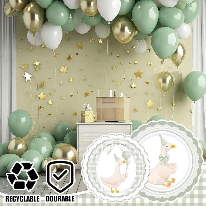 Zhehao 350 Pcs One Silly Goose Birthday Party Tableware Set Sage Green Bow Scalloped Baby Shower Plates Cup Napkins Forks for Birthday Party Decorations Supplies for 50 Guests