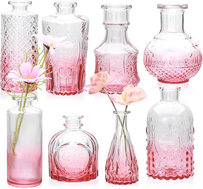 Pink Small Flower Vase Set, Glass Bud Vase in Bulk Set of 8,Artistic and Cultural Flavor Mini Vases for Home Office Decor, Bedroom, Office, Living Room Decorations,Wedding