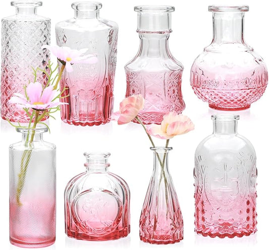 Pink Small Flower Vase Set, Glass Bud Vase in Bulk Set of 8,Artistic and Cultural Flavor Mini Vases for Home Office Decor, Bedroom, Office, Living Room Decorations,Wedding