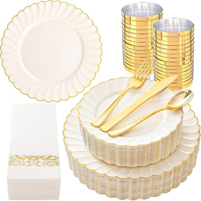 YOUBET 175PCS Ivory Scalloped Plastic Plates - Gold Disposable Dinnerware Set Include 50 Plates, 75 Gold Silverware, 25 Cups, 25 Napkins for Party & Wedding