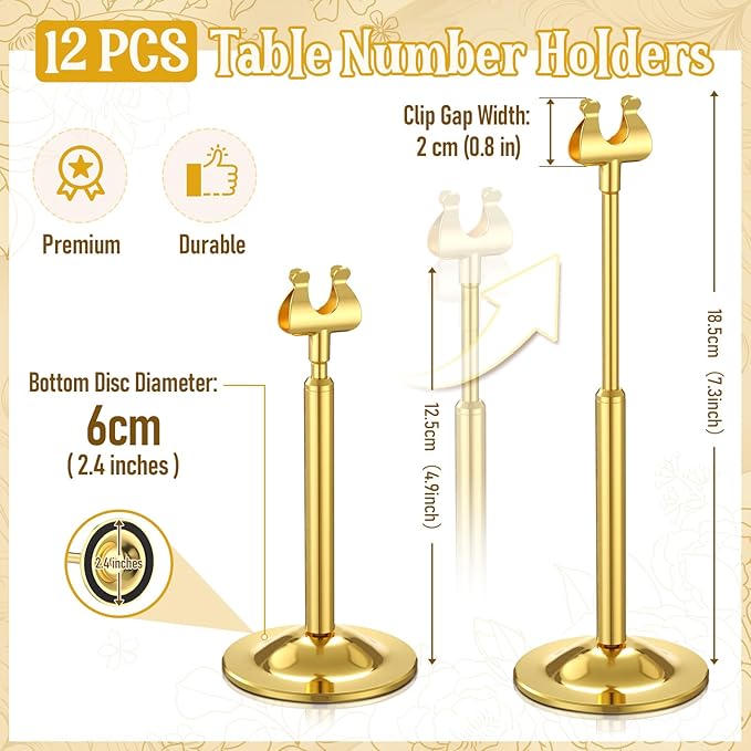 Kathfly Gold 12 Set Table Number Holders Adjustable Metal Place Card Holders Harp-clip Tabletop Sign Stands Detachable Card Holder for Weddings Birthday Restaurants Table Decor (4.9-7.3 Inch)