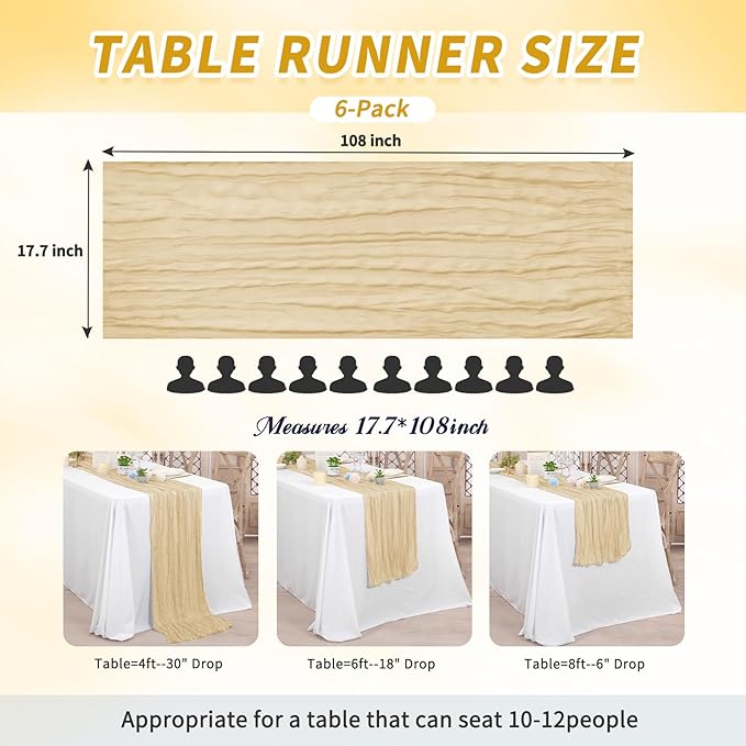 6 Pack Cheesecloth Table Runner,Beige Table Runner Long Romantic Semi Sheer Rustic Boho Gauze Table Runners for Wedding Bridal Shower Birthday Party Decorations(17.7×108 Inch)