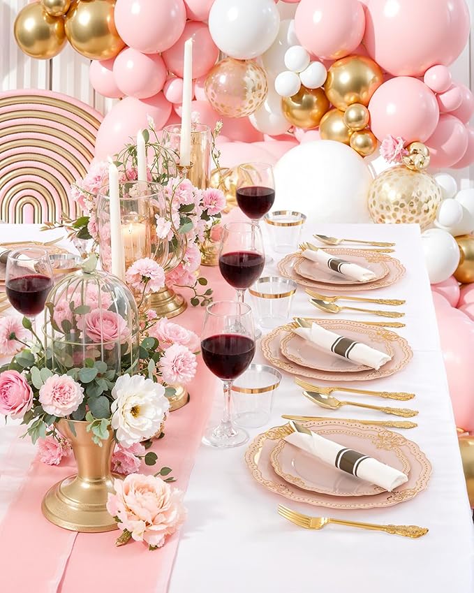 Ciaell 350 PCS Pink Plastic Plates - Pink and Gold Disposable Plates Include 50 Disposable Plate, 150 Heavy Duty Silverware, 50 Cups, 50 Napkins for Wedding & Party & Anniversary & Mother's Day
