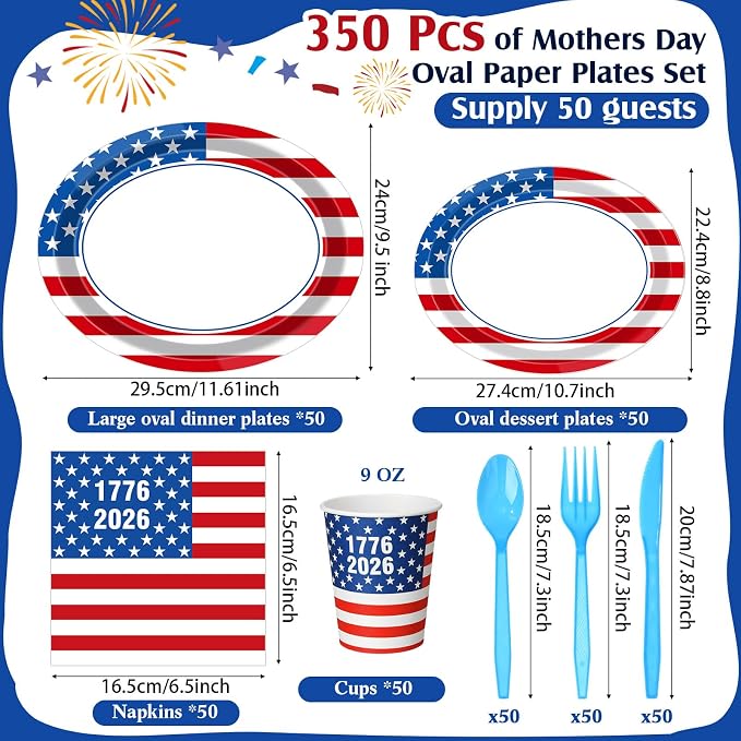 Pajean 350 Pcs 4th of July Party Decorations 12 inch Disposable Patriotic Oval Plates and Napkins Heavy Duty American Flag Paper Tableware Set for 50 Guests 250th Independence Party Supplies