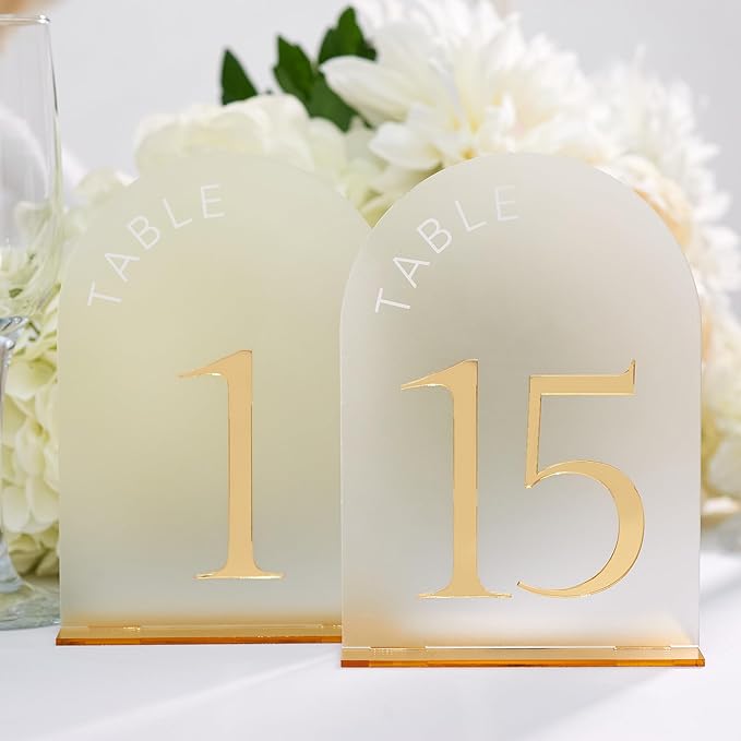 Frosted Arch Gold Table Numbers - 5x7" Frosted Arch Acrylic Table Signs with Gold Mirror Numbers for Banquet, Party, Event, Anniversary