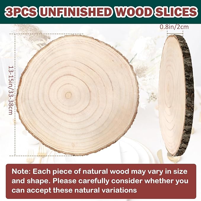ZYNERY 3 Pcs Wood Slices for Centerpieces 13-15 Inches, Unfinished Wood Rounds Rustic Decor, Natural Large Wooden Circles Centerpieces for Tables, DIY Wedding Decoration Wood Pieces for Painting
